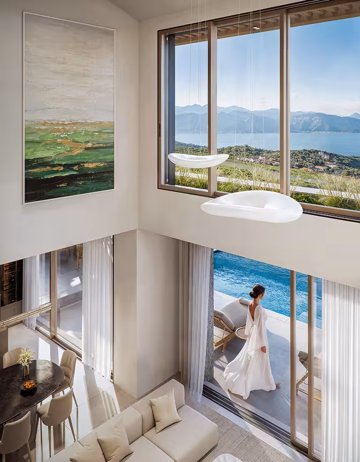 Modern waterfront development at golden hour