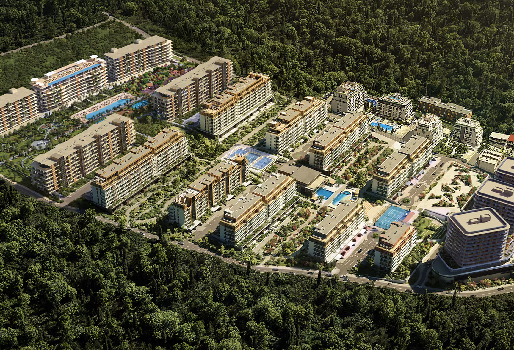 Aerial view of a lush resort and residential community