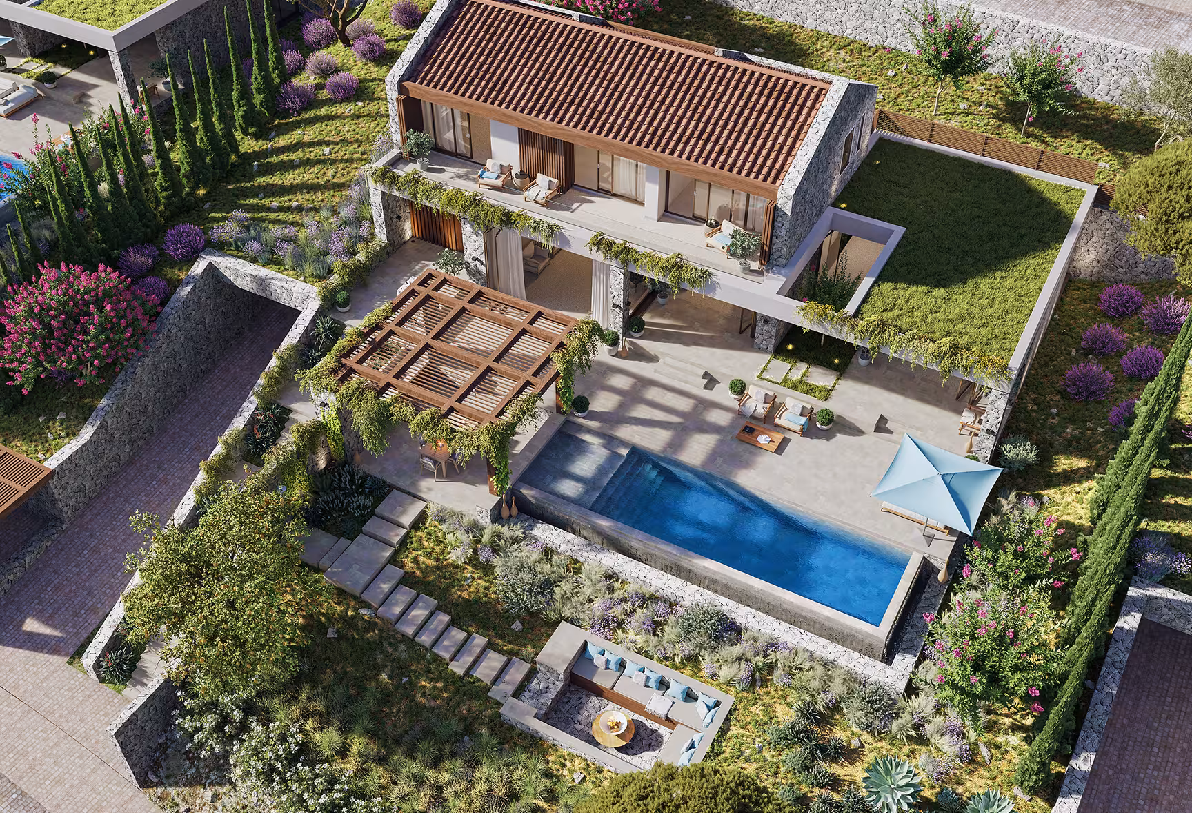 Aerial view of a luxury golf resort and residential community