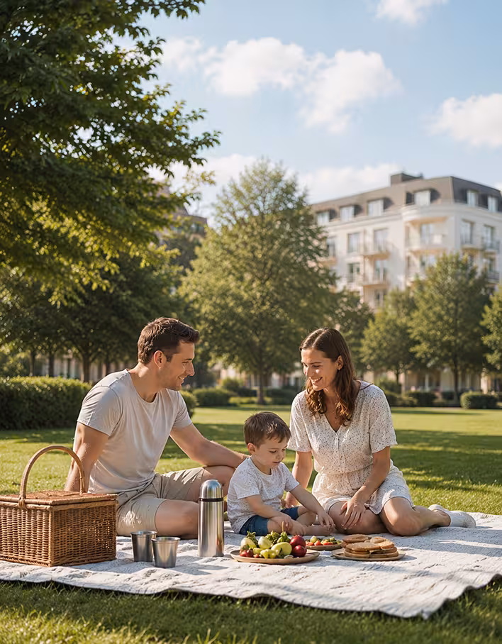 Family having a picnic on a grassy lawn in a park