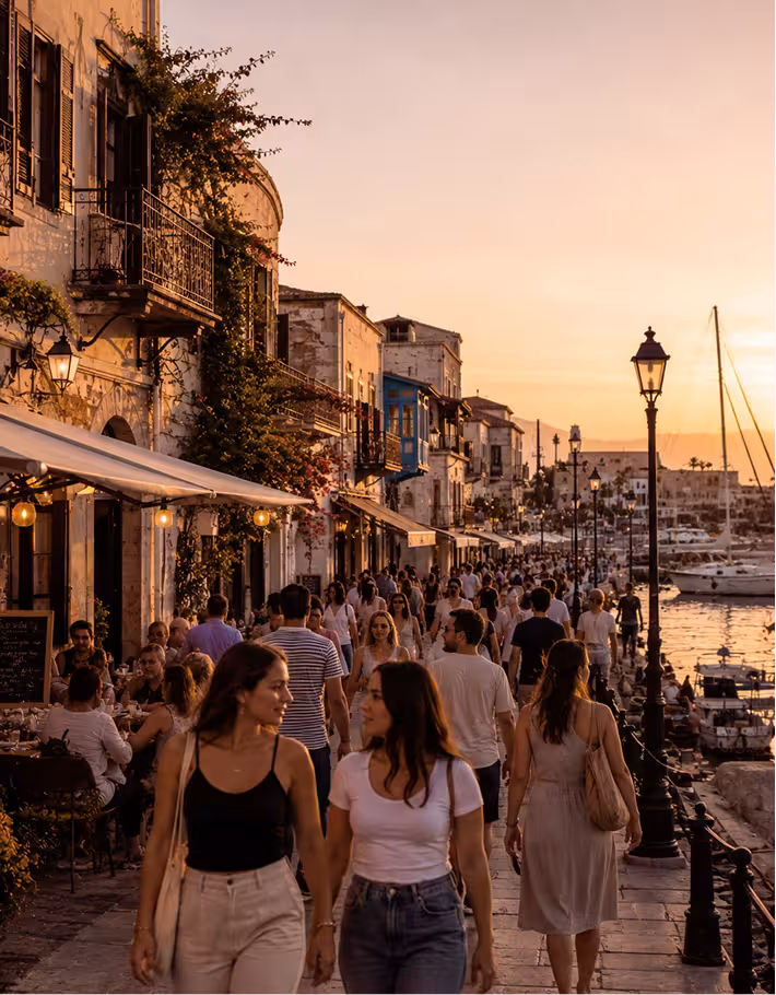 Historic city street at dusk with outdoor café seating
