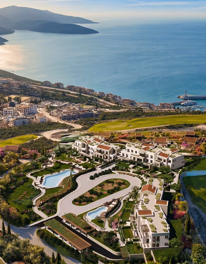 Luxury coastal marina with yachts and palm trees